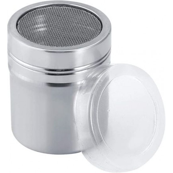 S/S SUGAR / SPICE SHAKER WITH MESH METAL LID AND PLASTIC COVER.