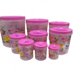 9pcs. Canister Set w/Lid & Spoons - Printed, Deluxe Virgin Plastic - FRESHY FLORA 350/550/900/1400/2200/33505200/7500/11000ml 