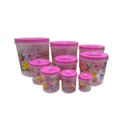 9pcs. Canister Set w/Lid & Spoons - Printed, Deluxe Virgin Plastic - FRESHY FLORA 350/550/900/1400/2200/33505200/7500/11000ml 