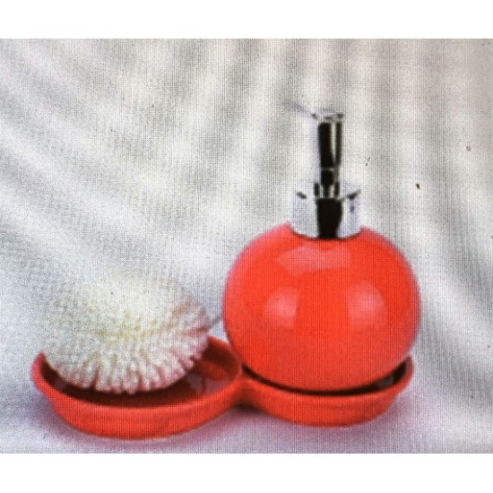Red Soap Dispensor with plate & small sponge