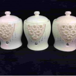 3 PCS CANISTER SET 7.5" 6C White With Diamonds and White Flowers