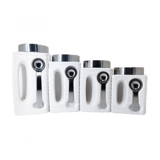 4pc. White Canister Set with Magnetic Spoon,4/c