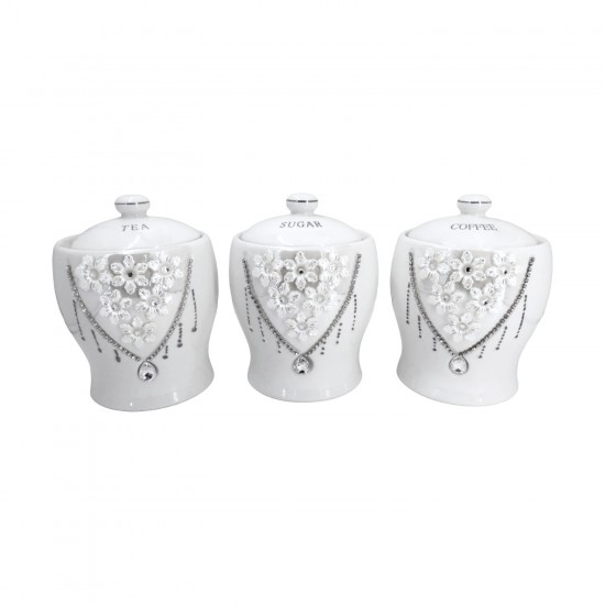 3 PCS CANISTER SET 7.5" 6C White With Diamonds and White Flowers