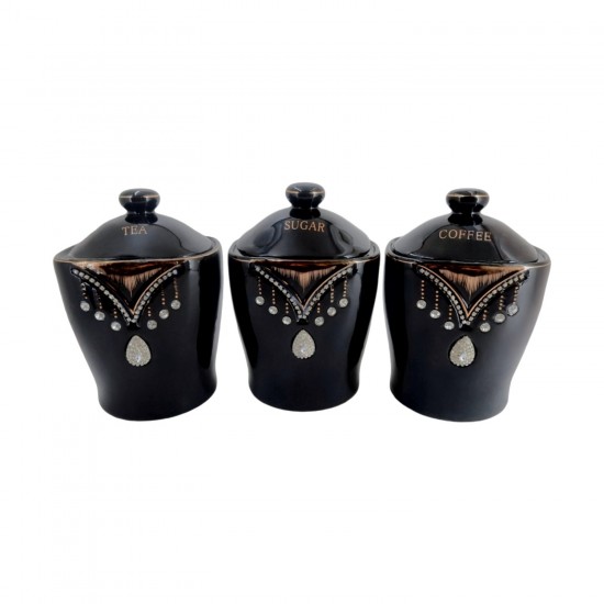 3 PCS. CANISTER SET 7.5 " 6C Black with Diamond and Gold