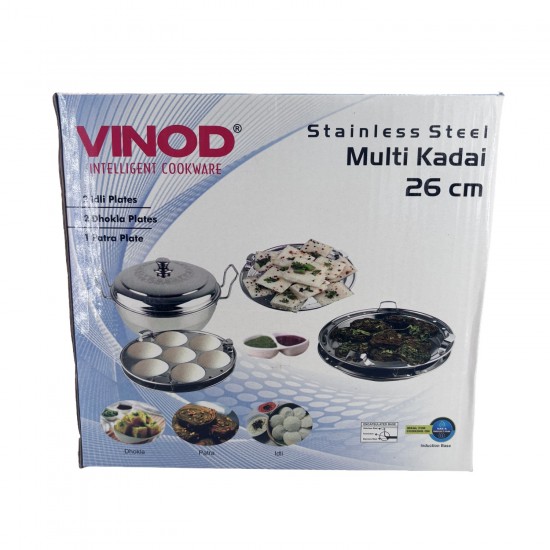 6pc.WOK w/S.S. Lid, Encapsulated, Stain.Steel 26cm 2 Idli Plates / 2 Dokla Plates / 1 Steaming plate
