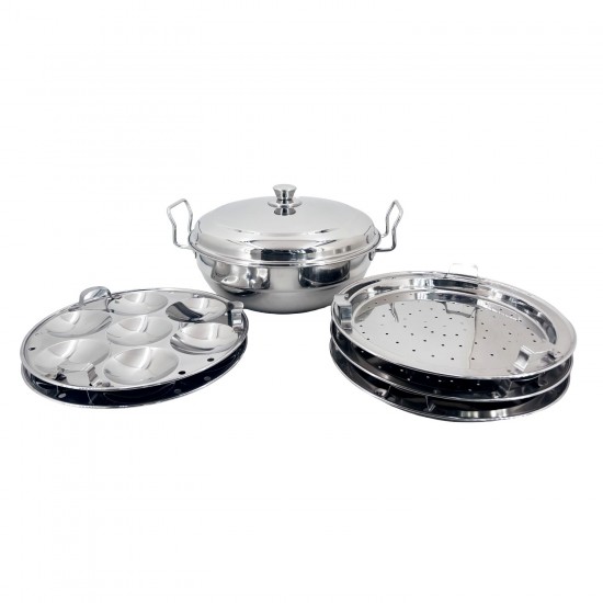 6pc.WOK w/S.S. Lid, Encapsulated, Stain.Steel 26cm 2 Idli Plates / 2 Dokla Plates / 1 Steaming plate