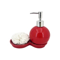 Red Soap Dispensor with plate & small sponge