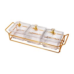 3 Pcs Glass Square Divided Serving dishes with acrylic lids on stand