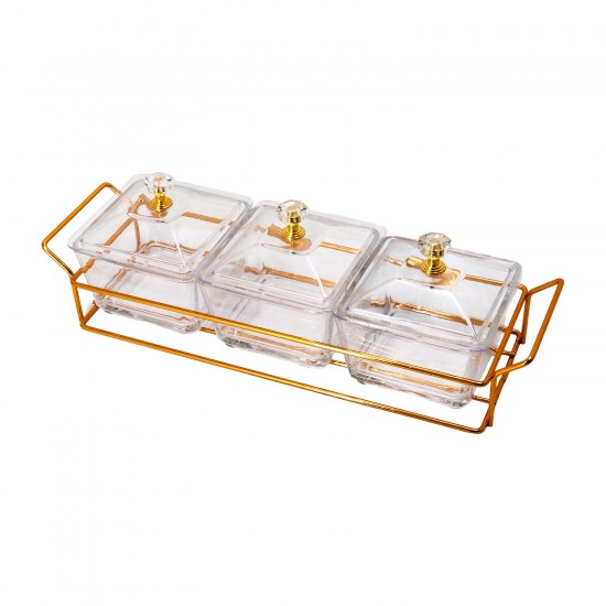 3 Pcs Glass Square Divided Serving dishes with acrylic lids on stand