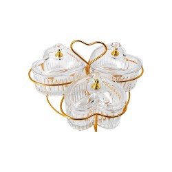 3 Pcs Glass Heart shape divided serving dishes with acrylic lids on stand.