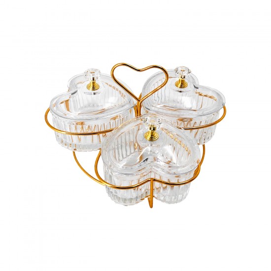 3 Pcs Glass Heart shape divided serving dishes with acrylic lids on stand.