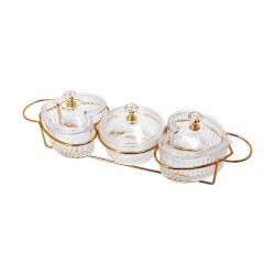 3 Pcs Glass Dishes with acrylic lids on stand.
