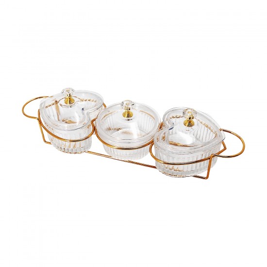 3 Pcs Glass Dishes with acrylic lids on stand.