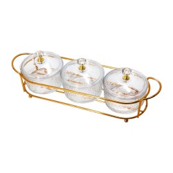 3 Pcs Glass Round Divided Serving dishes with acrylic lids on stand