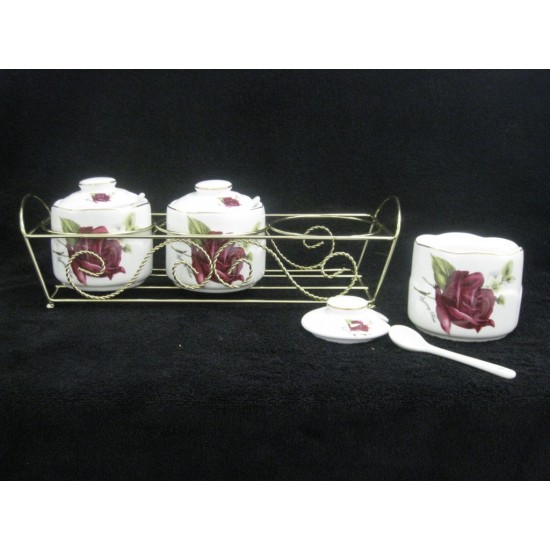 3pc Jam Jar w/ Spoon and Stand (B) Large Pink Rose 24/C M/6