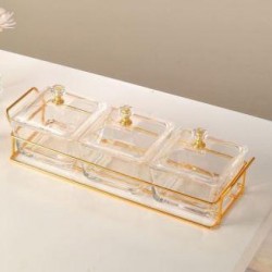 3 Pcs Glass Square Divided Serving dishes with acrylic lids on stand