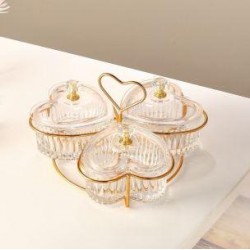 3 Pcs Glass Heart shape divided serving dishes with acrylic lids on stand.