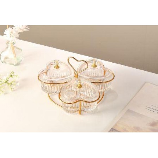 3 Pcs Glass Heart shape divided serving dishes with acrylic lids on stand.