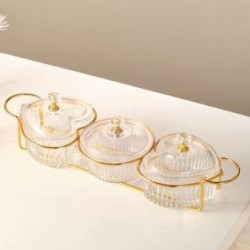 3 Pcs Glass Dishes with acrylic lids on stand.