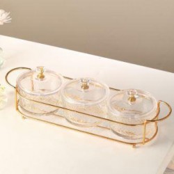 3 Pcs Glass Round Divided Serving dishes with acrylic lids on stand
