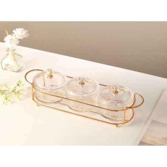 3 Pcs Glass Round Divided Serving dishes with acrylic lids on stand